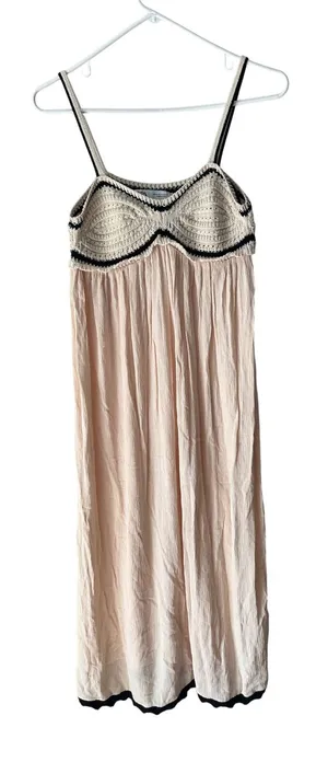Zara Crochet Knit Bodice Crinkle Midi Dress Cream Black Boho Summer Flowy Size M thumbnail 1
