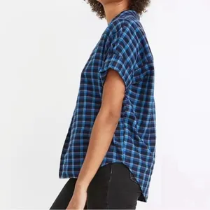 Madewell XS Blue Plaid Short Sleeve Popover Shirt 100% Cotton thumbnail 7