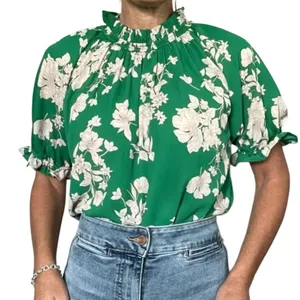 Sienna Sky Floral Blouse Womens Large Green Smocked High‎ Neck Puff Sleeve Top thumbnail 1