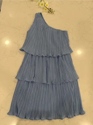 Asymmetric One-Shoulder Pleated Tiered Dress in Light Blue thumbnail 2