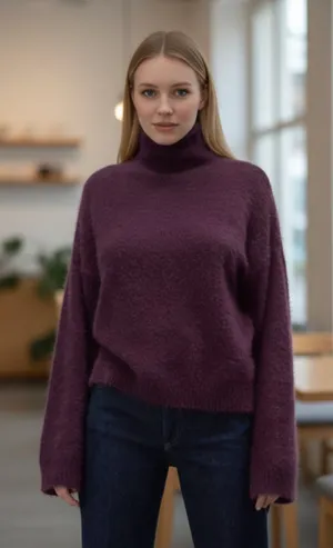 NWOT ZARA Super Soft Fuzzy mock Neck Sweater Pullover Burgundy Medium thumbnail 1