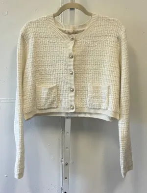 NWT Jessica Simpson Ivory Cropped Cardigan Pearl Button Sweater Woven XL Classic thumbnail 1