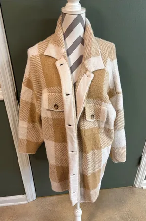 torrid Tan & Cream Check Wool-Blend Overshirt thumbnail 1