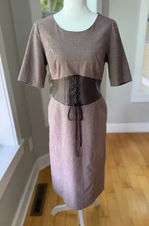 Vintage Brown Houndstooth Pattern Boatneck Corset Waist Midi Dress Fits Sz 6-8 thumbnail 1