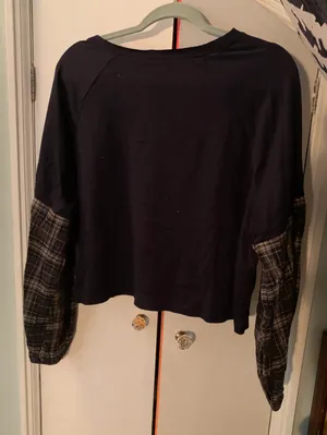 Navy Top with Plaid Sleeves thumbnail 2