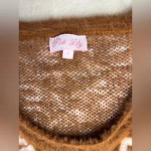 Pink Lily Brown and Cream Crew Neck Sweater with Geometric Pattern thumbnail 3