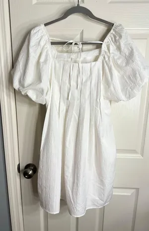 White Puff Sleeved Pleated Square Neck Dress thumbnail 6