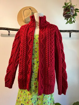 Aran Craft Ireland Red 100% Wool Made in Ireland Cardigan Sweater Size Large thumbnail 1