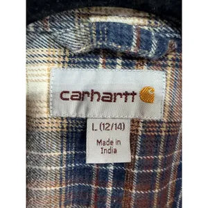 Carhartt Button Up Plaid Flannel Shirt Women's Large Blue Brown Cabincore Cozy thumbnail 4