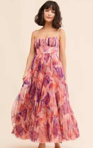 Hutch Floral Pleated Tulle Sweetheart Maxi Dress in Pink and Purple thumbnail 1