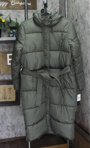 Sebby Collection Womens Long Belted Puffer Coat with Hood Jacket Olive Green S thumbnail 1