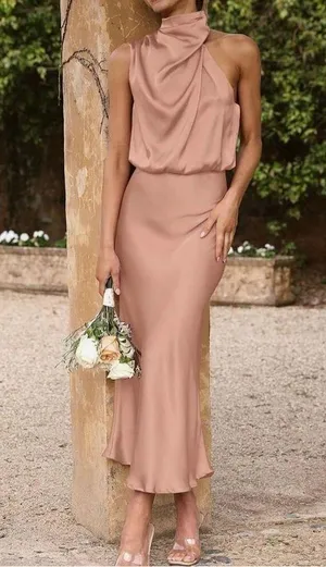 NEW Satin Dress Sleeveless Mock Neck Wedding Guest S thumbnail 2
