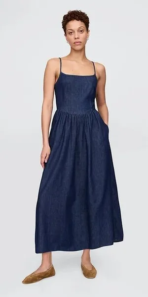 NEW GAP Navy Blue Fit & Flare Denim Drop-Waist Maxi Dress Size L thumbnail 1