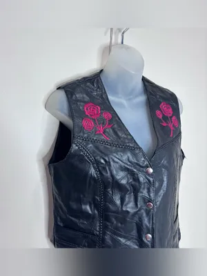 Diamond Plate 100% Buffalo Leather Vest Pink Rose Embroidery Biker small goth Black thumbnail 2