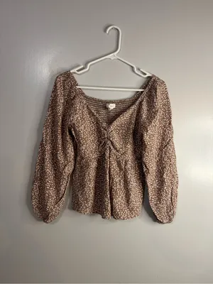 Japna Tan Brown Printed Long Sleeve Peasant Top Size Medium thumbnail 5