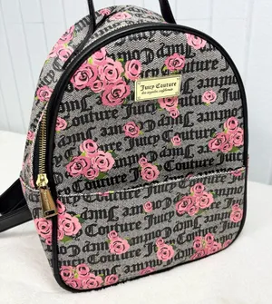 Juicy Couture Pink Rose Print‎ Black Logo Faux Leather Backpack thumbnail 1