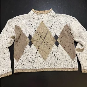 Vintage Accordeon Argyle Knit Sweater Cream Tan Speckled Mock Neck Size M thumbnail 1