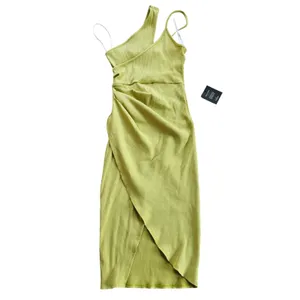Lulus NWT Chartreuse Green One Shoulder Ribbed Ruched Midi Dress LD5016 Womens L thumbnail 2
