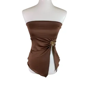 Just Polly Brown Strapless Handkerchief Hem Rosette Y2K Tube Top‎ Medium thumbnail 2