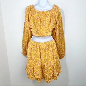Free People Jael Printed Mini Dress Size Medium Cut Out sides Yellow Floral thumbnail 3