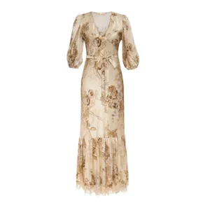 Gold Hawk 100% Silk Floral V Neck Belted Maxi Dress Eyelash Lace Trim Womens XS thumbnail 2