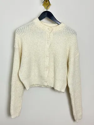 Nordstrom Open Edit Fuzzy Crewneck Cardigan in Ivory Size Small thumbnail 3