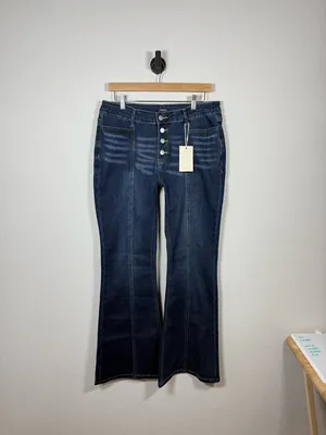 Flamingals Button Fly Flare Jeans Womens XL Dark Wash High Rise NWT thumbnail 8