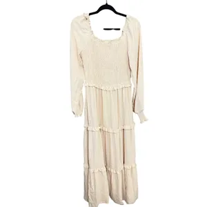 PrettyGarden Cream‎ Swiss Dot Smocked Tiered Maxi Dress Long Sleeve Beige Medium thumbnail 2
