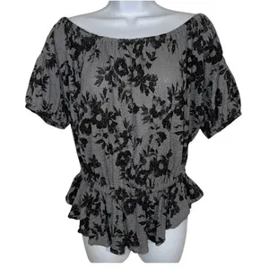 FREE PEOPLE Black and Gray Floral Peplum Hem‎ Top Size Medium thumbnail 2
