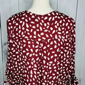 West K Faux Wrap Blouse 3/4 Sleeve Tie Maroon Polka Dot Women's Size M thumbnail 7