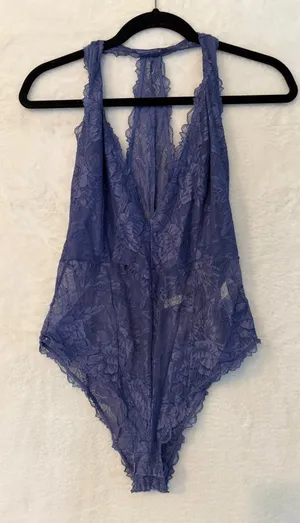 Free People‎ Blue Floral Lace Racerback Bodysuit Plunging V-Neck Lingerie Medium thumbnail 1
