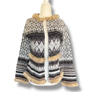 Vintage Y2K Fair Isle Shetland Wool Knit Cardigan Rabbit Fur Trim Belted Scarf‎ thumbnail 3