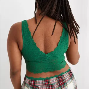 Aerie NWT Waffle Knit Lace V Back Longline Bralette Bra Green Size Medium M NEW thumbnail 2