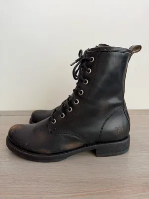 Vintage Frye Veronica Combat Boots Black Antiqued Leather Distressed Heritage 7B thumbnail 3