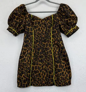 For Love & Lemons Leopard Print Mini Dress Puff Sleeve Yellow Trim‎ S thumbnail 1