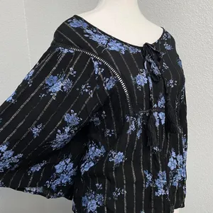 Maurices Black Blue Floral Stripes Print Quarter Sleeve Flowy Blouse Boho Rodeo thumbnail 2