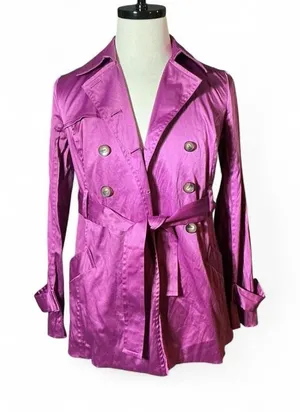 BCX Double Breasted Belted Trench Coat Jacket‎ Women's Size M Purple Satin Look thumbnail 1