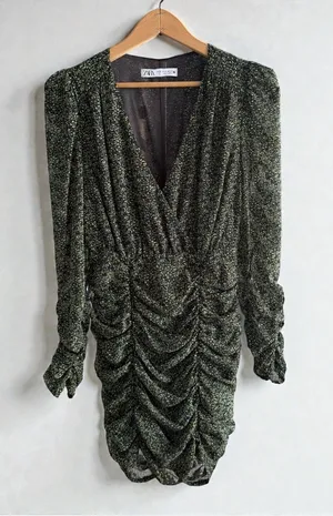 Zara Green Black Speckled Ruched V-Neck Mini‎ Dress Long Sleeve XS thumbnail 1