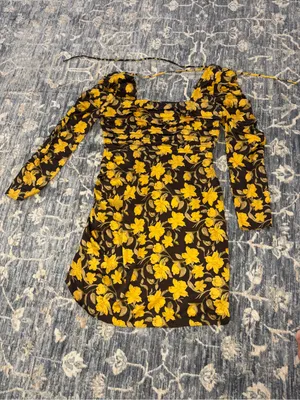 NWOT Floret Studios Brown and Yellow Floral Shirred Long Sleeve Mini Dress Sz L thumbnail 6