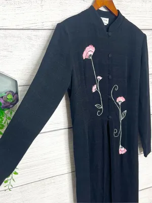 Vintage Black & Pink Floral Embroidered Long Sleeve Dressy Duster Blouse Size 8 thumbnail 13
