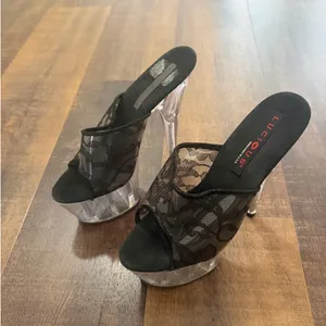 Lucious Clear Platform Heels Size 8 Black Lace Exotic Dancer Pleaser Mules thumbnail 3