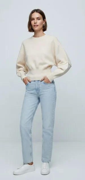 Zara Sweater Womens Small Cream Balloon Sleeve Cropped Ribbed‎ Knit Pullover thumbnail 1