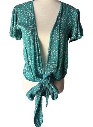 Billabong Wrap Tie Blouse Green White Polka Dot Short Sleeve Cotton Polyester S thumbnail 1