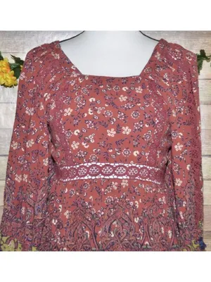 Angie Dress Womens Size L Floral Boho Puff Bell Sleeve Midi Smocked Lace thumbnail 2