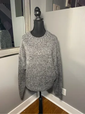 White Fox Wool Blend Marled Chunky Knit Boho Minimalist Grey Sweater L/XL thumbnail 2
