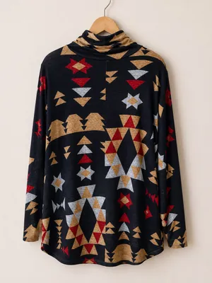 LuLaRoe Black Geometric Aztec Print Boho Oversized Drop Shoulder Knit Turtleneck thumbnail 5