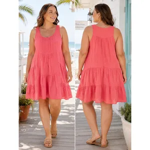 Tempo Paris Lagenlook Dress Womens XL Pink Linen Tiered Sleeveless Made Italy thumbnail 2