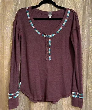 Free People Rainbow Thermal Wine Maroon Long Sleeve Boho Small thumbnail 1