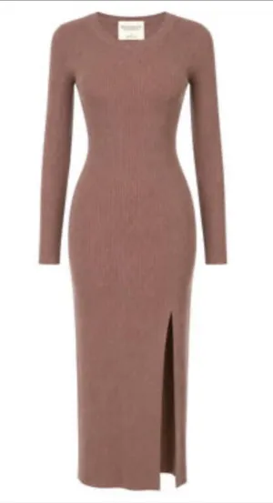 Abercrombie & Fitch Brown Soft Ribbed Knit Long Sleeve Maxi Bodycon Slit Dress thumbnail 1