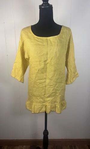 Lungo L'Arno‎ Striped Yellow 100% Linen Tunic Top Ruffle Trim 3/4 Sleeve Small thumbnail 1